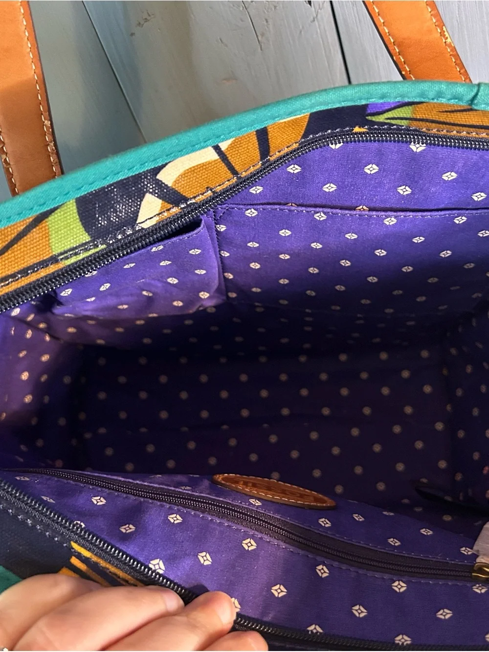 Fossil Navy Floral Fan-Print Tote with Tan Handles and Teal Trim - Picture 9 of 14